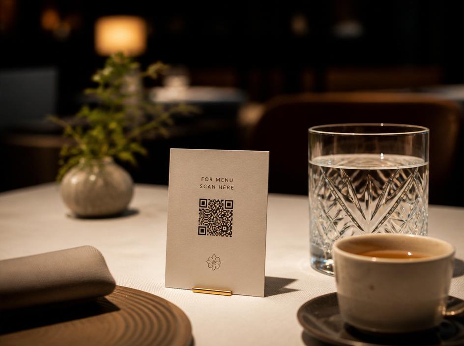 Elegant QR table card in a luxury restaurant setting
